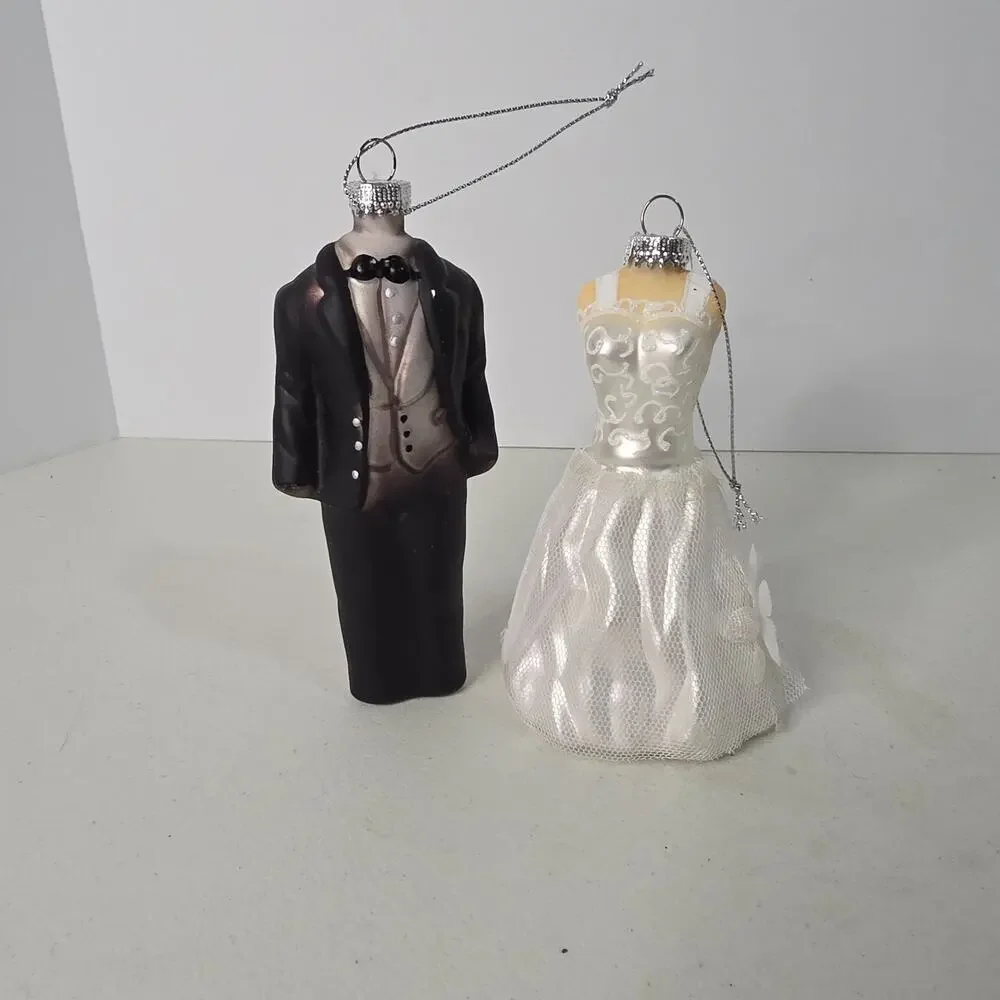 Robert Stanley glass Christmas ornaments wedding dress groom's suit
